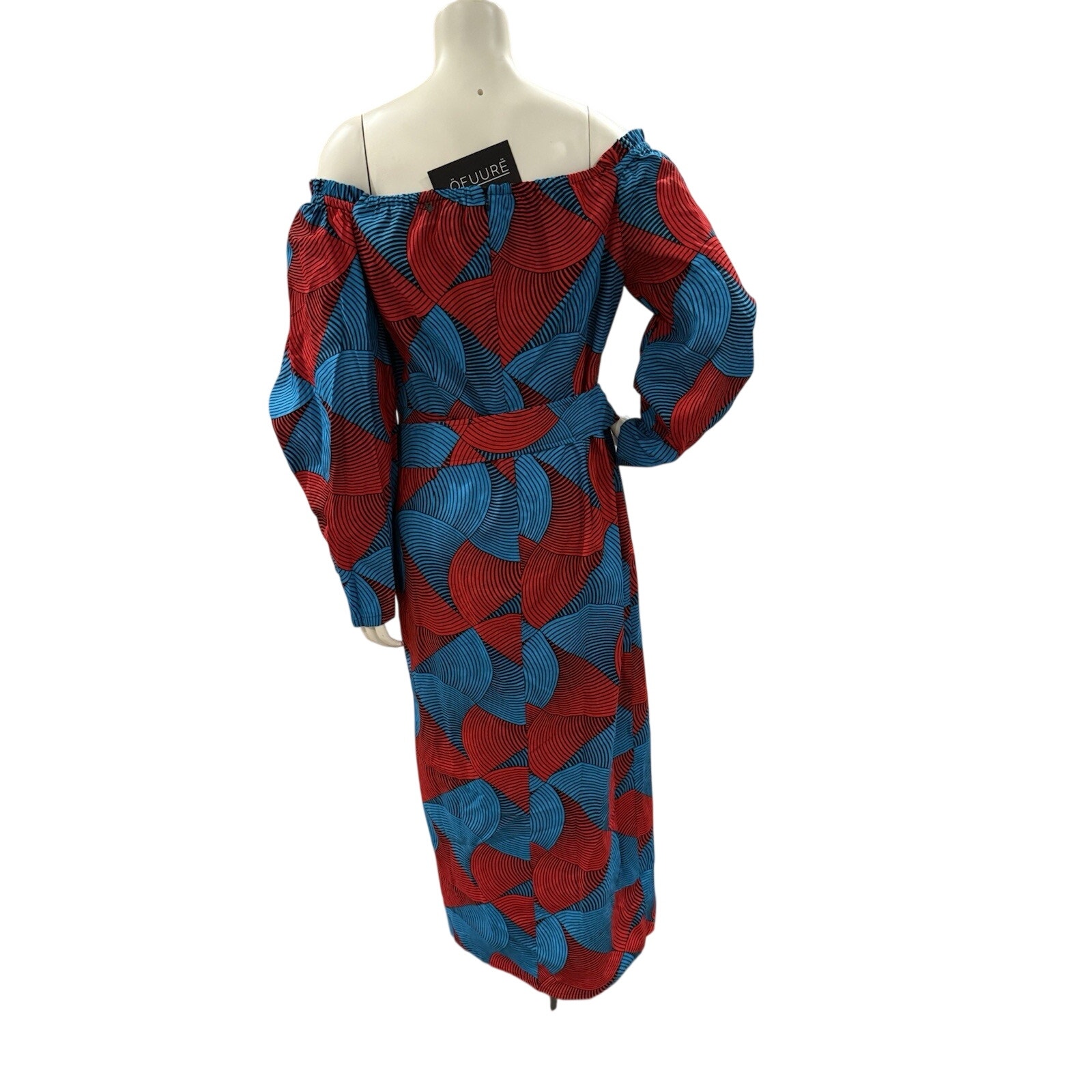 Nwt Ofuure Sz Large Bold Dress 100% Cotton Geometric Print Blue Red Belted — image 2 of 8